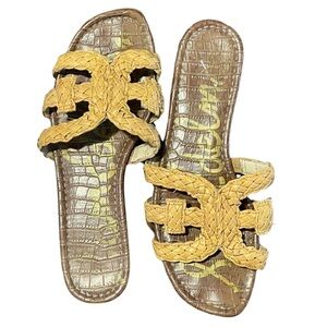 Elegant Brown & Yellow Slide Sandals with Textured Design